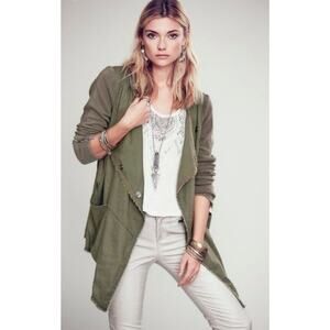 Free People Linen Blend Drippy Snap Closure Hooded Military Jacket Green Small